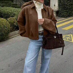 brown Casual Women's  Loose Long Sleeves Zip Jacket Bomber Coat Outerwear